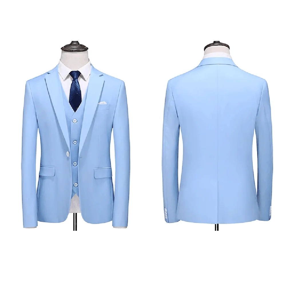 New Men Suits Sky Blue Notch Lapel One Button Linen Blazer Fashion and Elegant Suits for Men Business Wedding Slim 3 Piece
