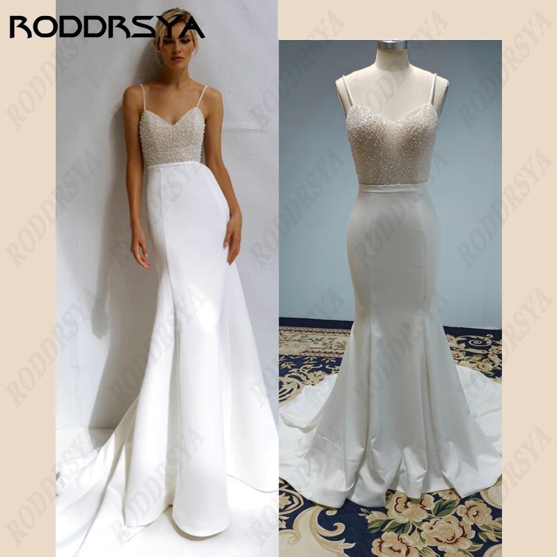 

Beaded Pearl Sheath Mermaid Wedding Dresses 2023 Spaghetti Straps Sweatheart Satin Bridal Gowns Robe De Mariee Civil For Women