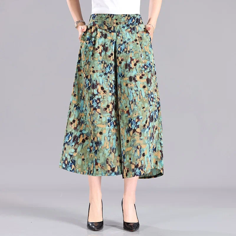 Middle Aged Women's High Waisted Trousers Loose Casual Wide Leg Pants Elastic Waist Oversized Skirt Pants Women Vintage Clothes