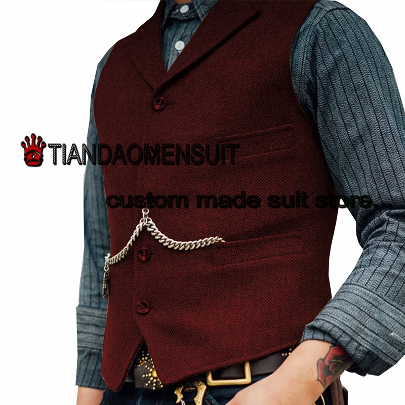 Men's Vest Herringbone Lapel Sleeveless Jacket Winter Wool Steampunk Waistcoat Formal Groom Vests colete masculino