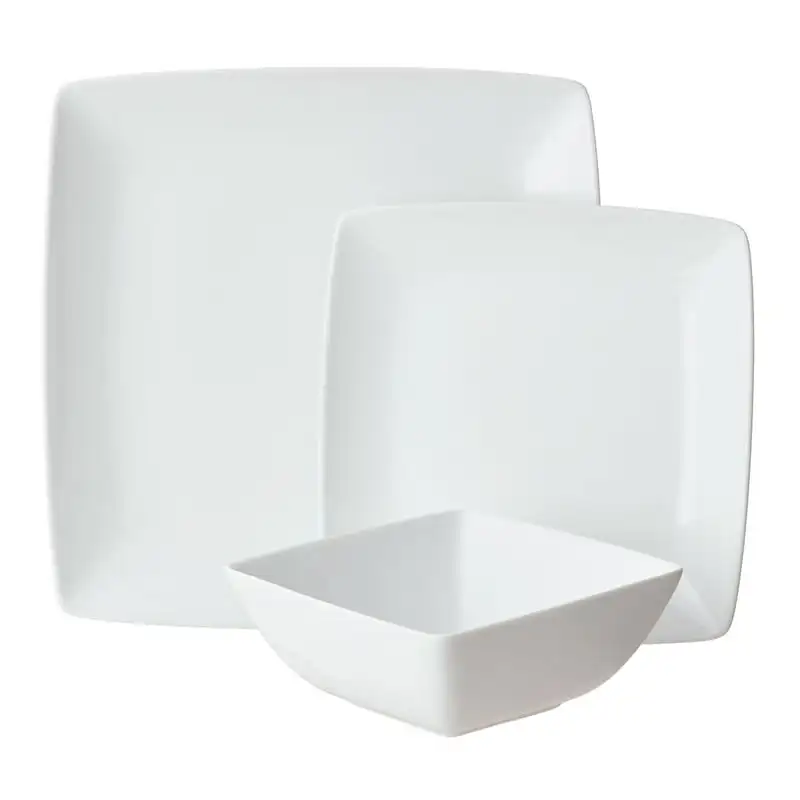 

Loden White Square Porcelain 12-Piece Dinnerware Set Kawaii tableware Chopstick and spoon set Travel utensil set Plastic plates