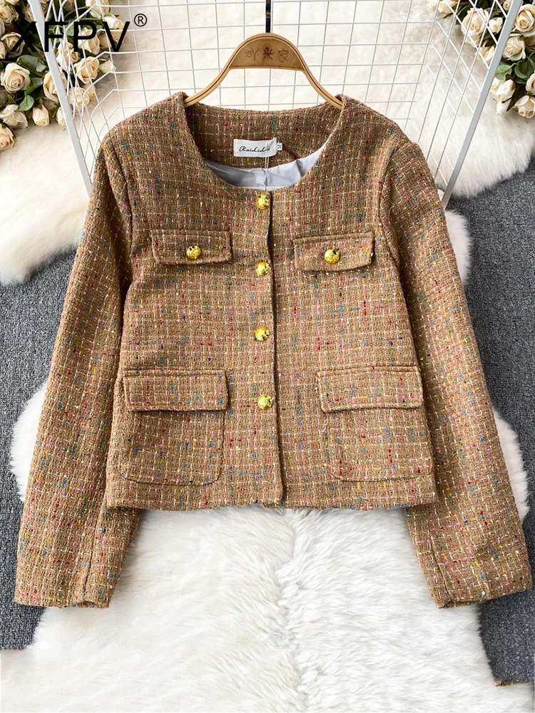 

BabYoung Women's Sweet Temperament Round Neck Thick Tweed Short Coat Jacket Top Y2k Korean Fashion Tide Autumn Winter 2023