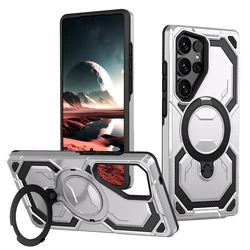 Armor Shockproof Phone Case with Magnetic Holder and TPU Frame - S24 FE (Silver Gray)
