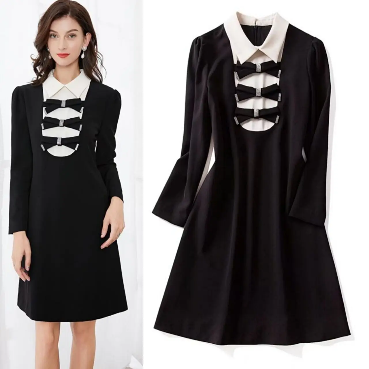 新規購入 Plus Size Xl 22 Spring Clothes Turn Down Collar Cute Bow Women Dress Fashion Patchwork Zipper Loose A Line Dresses 現金特価 Www Greecevirtual Gr