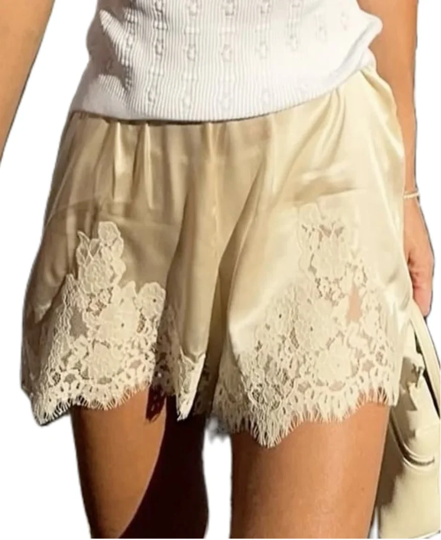 Neue Mode Mini Sommer Spitze Satin Shorts Spitze Trim Casual Shorts Für Frauen Strand Täglichen Tragen Heißer Verkauf S-XL – Detail 2