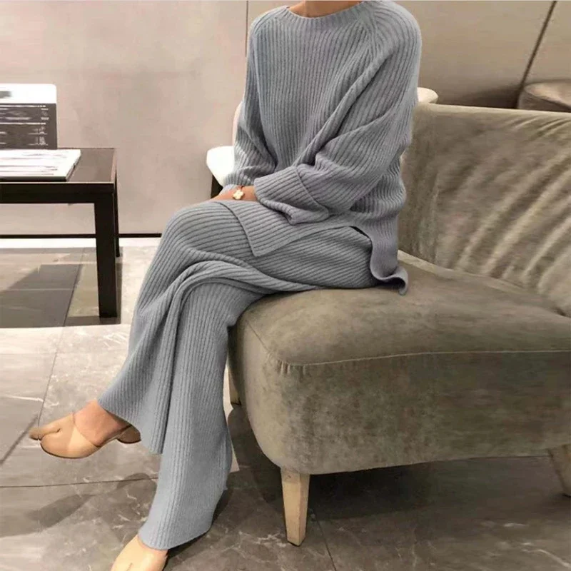 2022 Knitted Sweater Suit Women Casual Solid Color O-Neck Pullovers+Pants Suit Female Autumn Winter Soft Two Piece Set Homewear