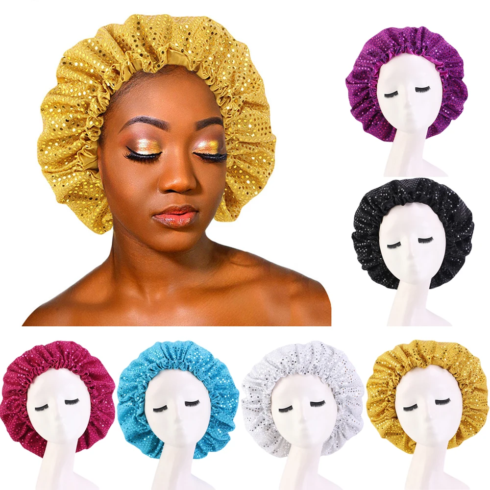 

New Women Sequins Nightcap Sleeping Bonnet Night Sleep Hat Satin Lined Turban Headscarf Hijab Hair Care Chemo Caps Adjustable