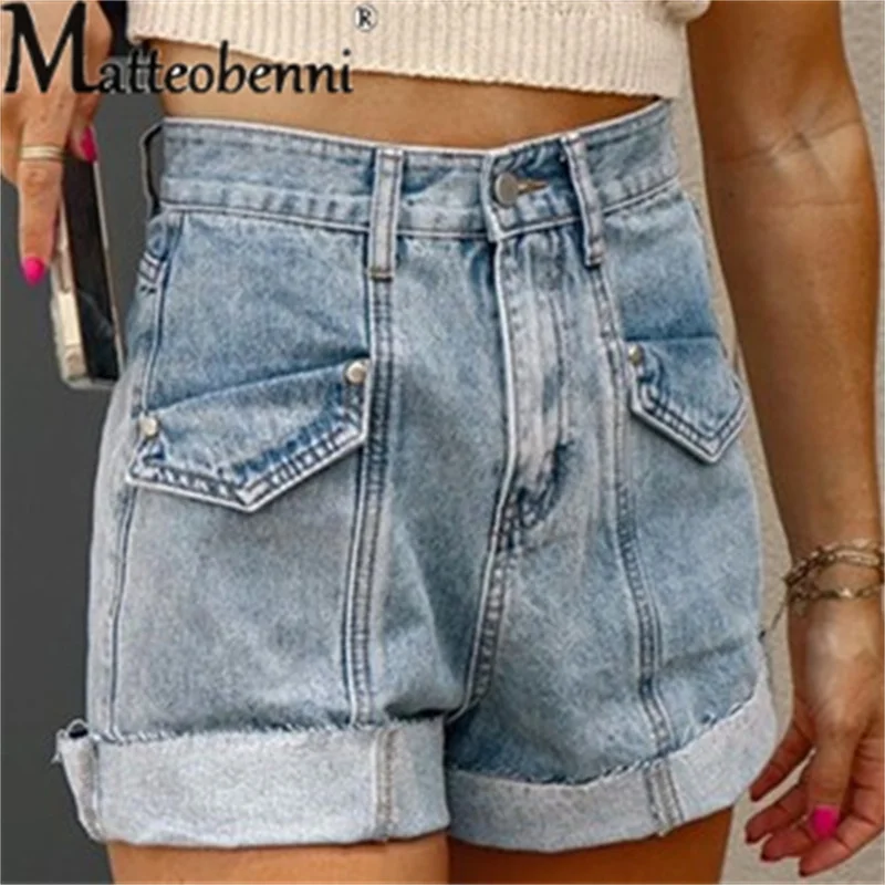Summer Fashion Folded Leg Denim Shorts Female Casual High Waist Button Splicing Pocket Blue Three-quarter Pants Women Streetwear