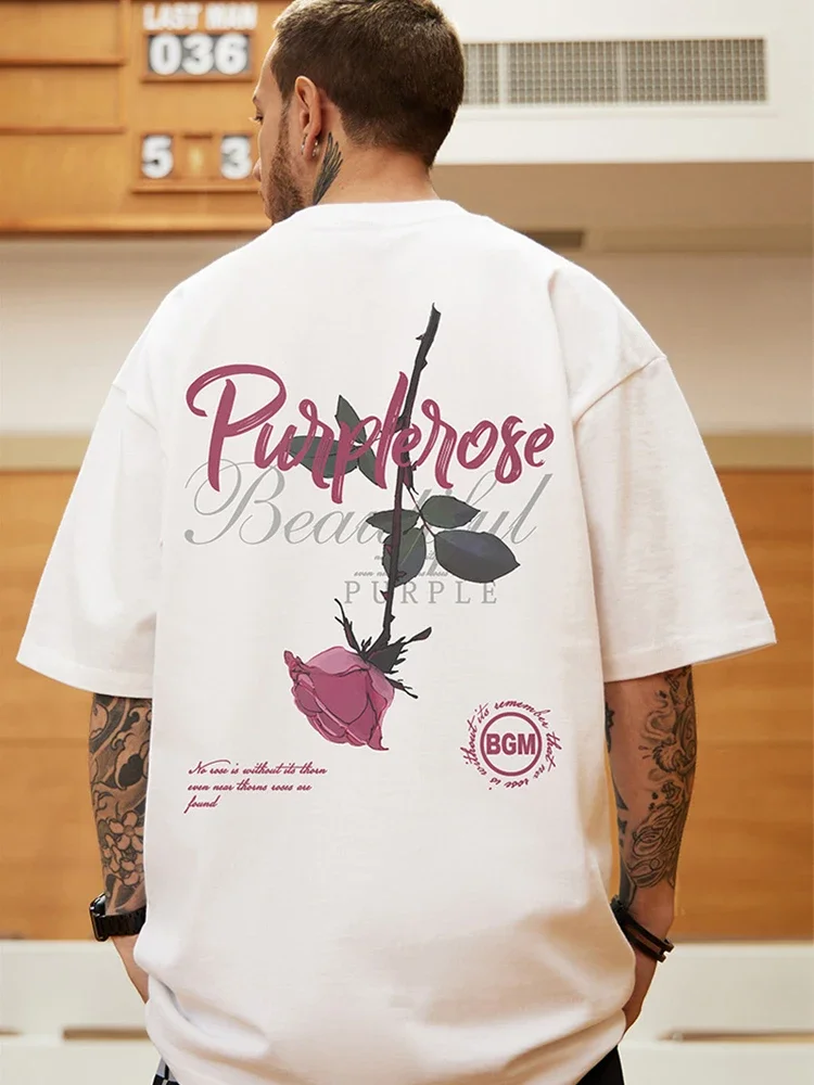Camiseta con gráfico de letras góticas y rosas de verano para hombre, camiseta de algodón de manga corta a la moda de hip hop, camisetas con estampado de ropa urbana Y2K de gran tamaño