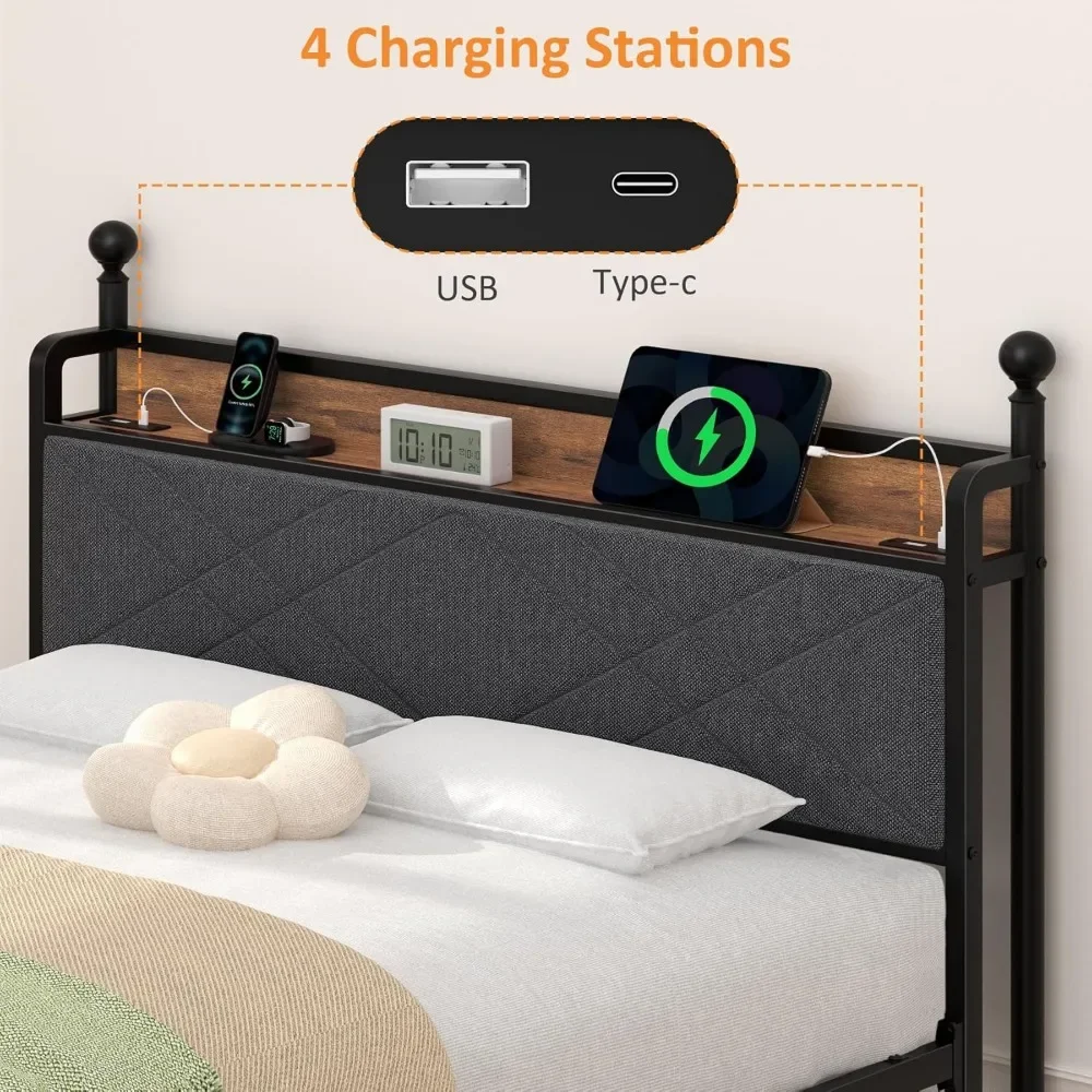 Bed Frame with Headbord, Canopy Bed Frame, Metal Black Iron Bed Platform with Charging Station and LGB Light No Box 3