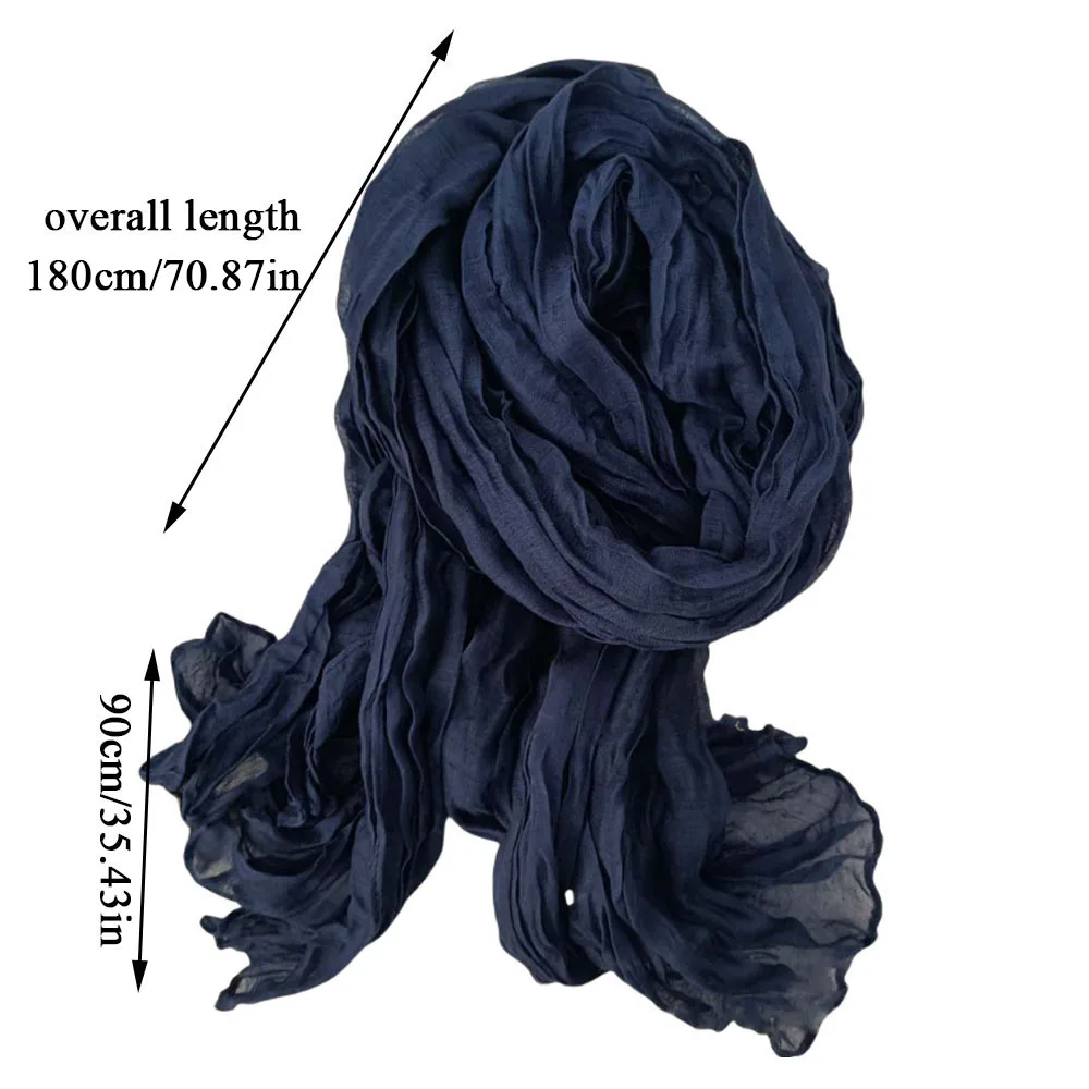 Solid Color Pleated Long Scarves Retro Autumn Winter Cotton Hemp Scarf Warm Neck Wrinkled Twisted Vintage Soft Wrap Shawl