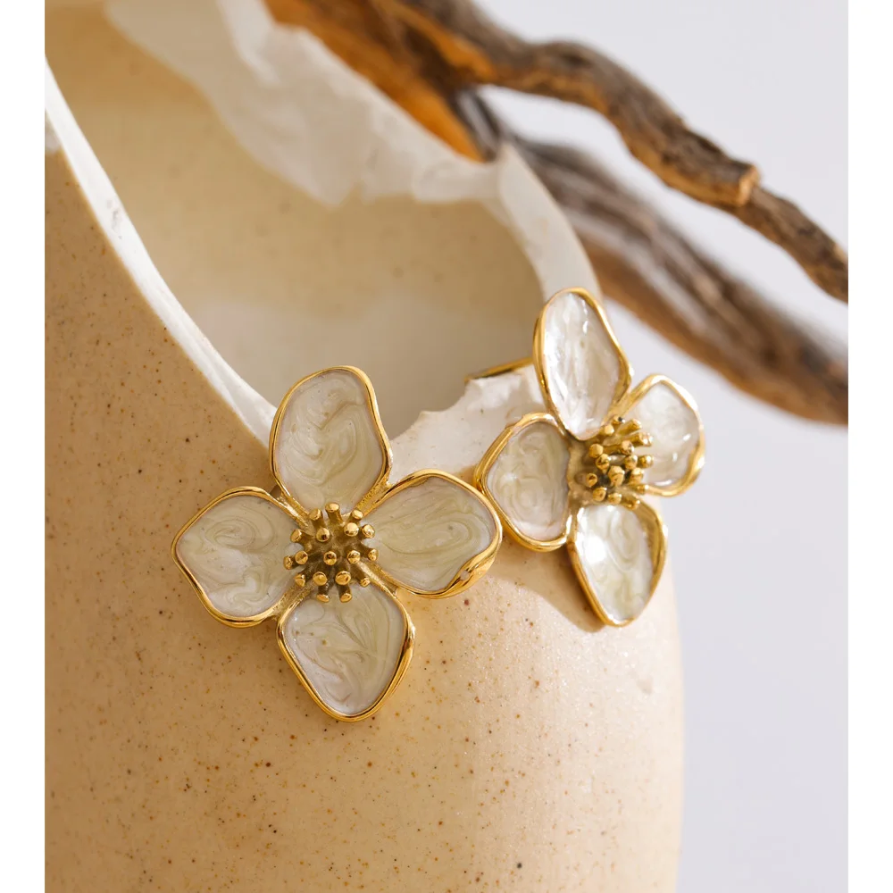 Yhpup Earrings Stainless Steel Enamel Flower Waterproof for Women 16K Golden