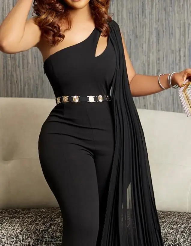 Women's Elegant Leisure Summer Slim Jumpsuit Backless One Shoulder Cutout Asymmetrical Hem Jumpsuit Without Belt