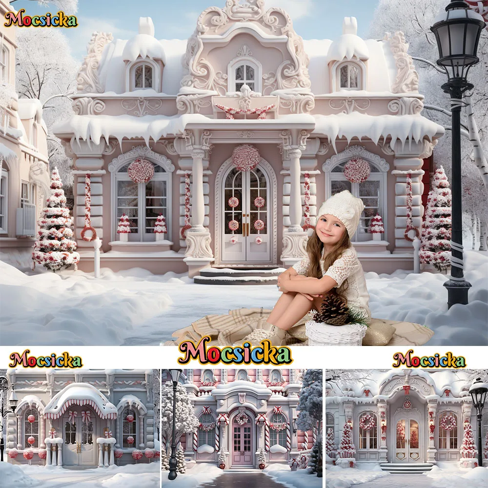 Mocsicka Winter Fairy Tale Candy Town Party Photography Background Christmas Snowy Street Light Kids Pink Background Photobooth