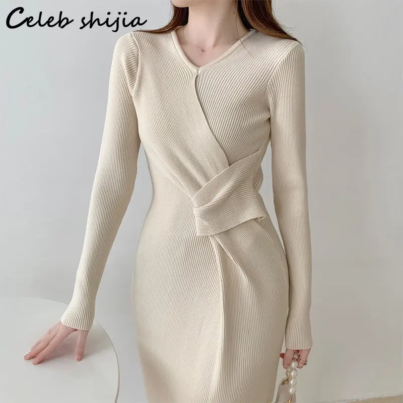 

Chic Asymmetrical Knitted Dress Women Sexy 2023 Autumn V-neck Split Sweater Dresses Ladies Clothing Winter Apricot Woolen Jumper