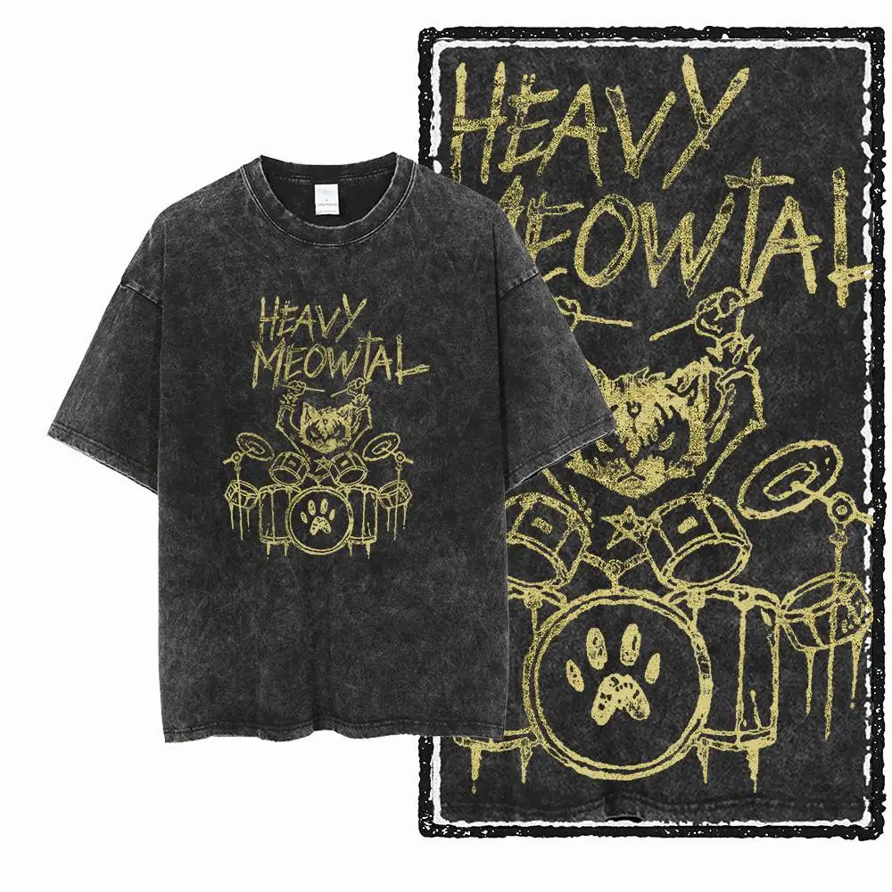 G49 Exklusive Streetwear Übergröße 100% Baumwolle Herren Katzen-Print Grafik T-Shirt | Säuregewaschenes Cooles O-Neck Herren-T-Shirt