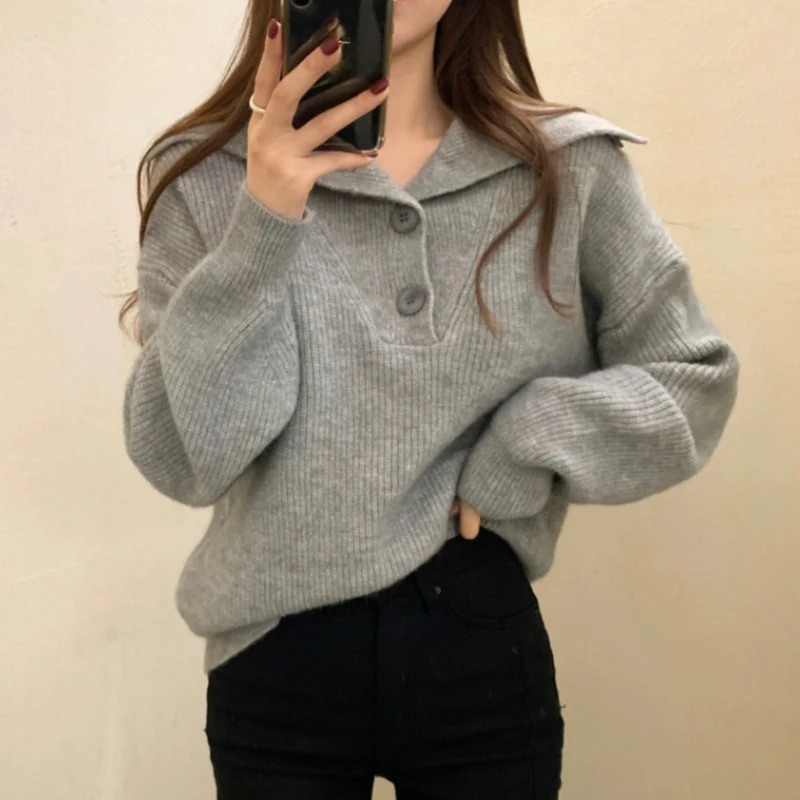 Fashion Turn Down Collar Knitted Sweaters Women Korean Buttons Loose Ribbed Pullovers Autumn Winter Solid Niche Streetwear Tops 1