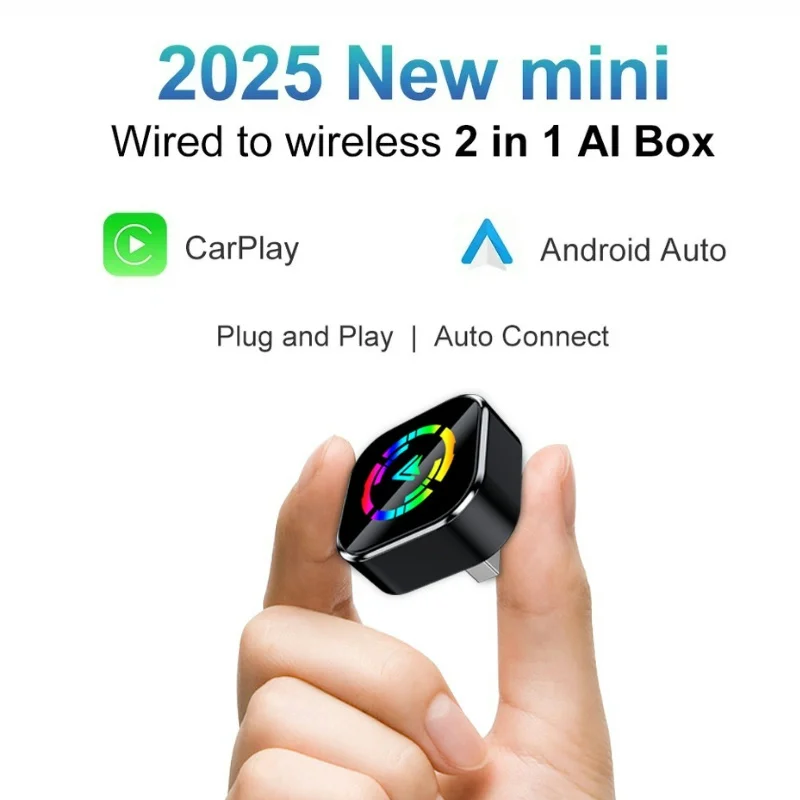 2025 New Wired to Wireless CarPlay Universal 2 in1 Mini Adapter Android Auto Smart Box Plug and Play Auto Connection OTA Update