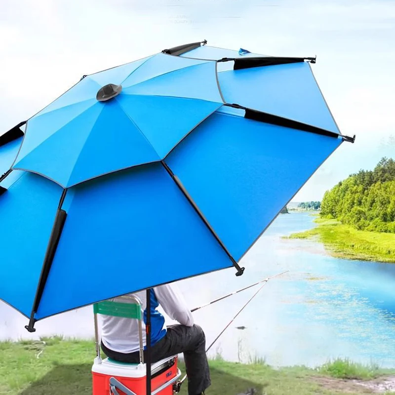 2.0-2.2M Fishing Umbrella Parasol Double-Layer Sunshade Windproof Waterproof Outdoor Camping Stand Umbrella with Ground Insert fold parasol