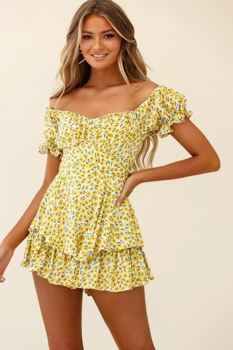 2024 Print Tie Dye Off-shoulder Ruffles Tube Top Sexy Jumpsuits Women Summer Orange One-piece Shorts Casual Gentle Playsuits New