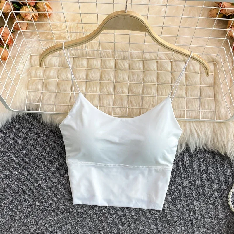 Women Crop Tops Sexy Solid Color Camisole Ice Silk Tube Top Seamless Sports Tank Top Wireless Underwear Padded Bra Bralette Vest Women Tank Tops Beach Crop Tops