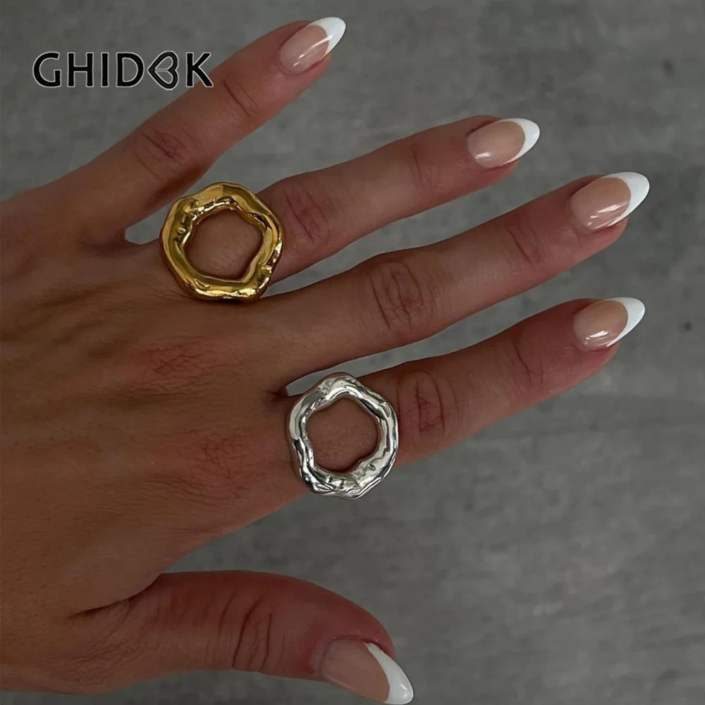 GHIDBK винтажное позолоченное кольцо 18 карат неправильной формы с расплавленной текстурой из нержавеющей стали водонепроницаемые Модные женские ювелирные изделия