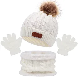 Cozy Knitted Baby Winter Set: Hat, Scarf, and Gloves with Fur Pom Pom (White)