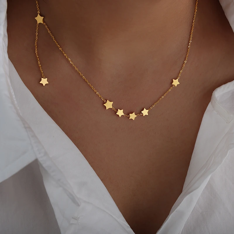 Edelstahl-Halsketten mit dünner Kette und Sternquaste für Damen, 18 Karat vergoldet, kein Anlaufen, Damen-Halskette mit mehreren Stern-Charms