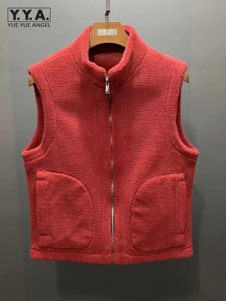 

Autumn Winter Faux Fur Vest Men Thick Warm Waistcoat Zipper Stand Collar Vintage Slim Reversible Fleece Casual Sleeveless Jacket