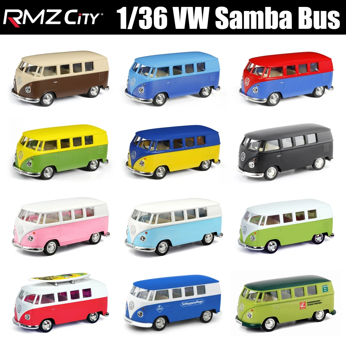 1/36 Volkswagen T1 Samba Bus Toy For Children RMZ City Classical Diecast Miniature Vehicle Model Pull Back Collection Gift Boys