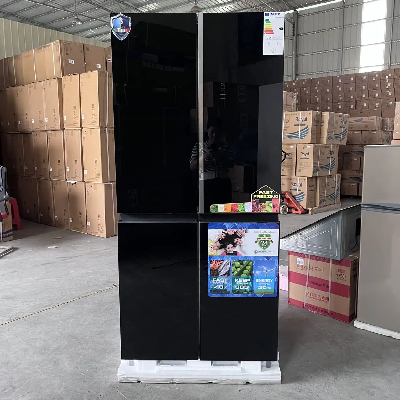 631L Black Tempered Glass Cross 4 Door Fridge Inverter Air Cooled Auto Defrost Refrigerator with Fresh Zone for Home Large 3