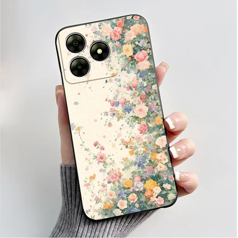 Cute Flower Cartoon Printed Soft Silicone Phone Case — Black Shell Cover