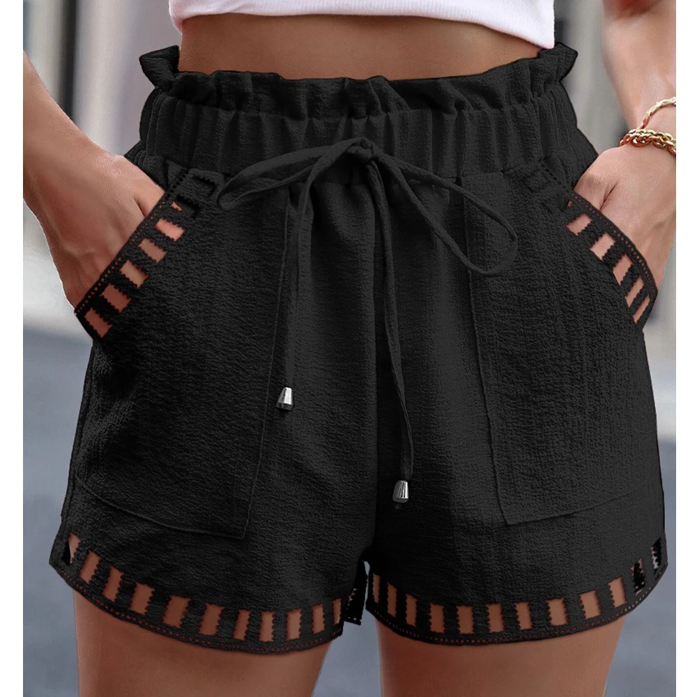 

Y2K Stitching Elastic Waistband Shorts Straight Pockets Stair Lace Shorts Pants Women High Waist Solid Color Short Pants