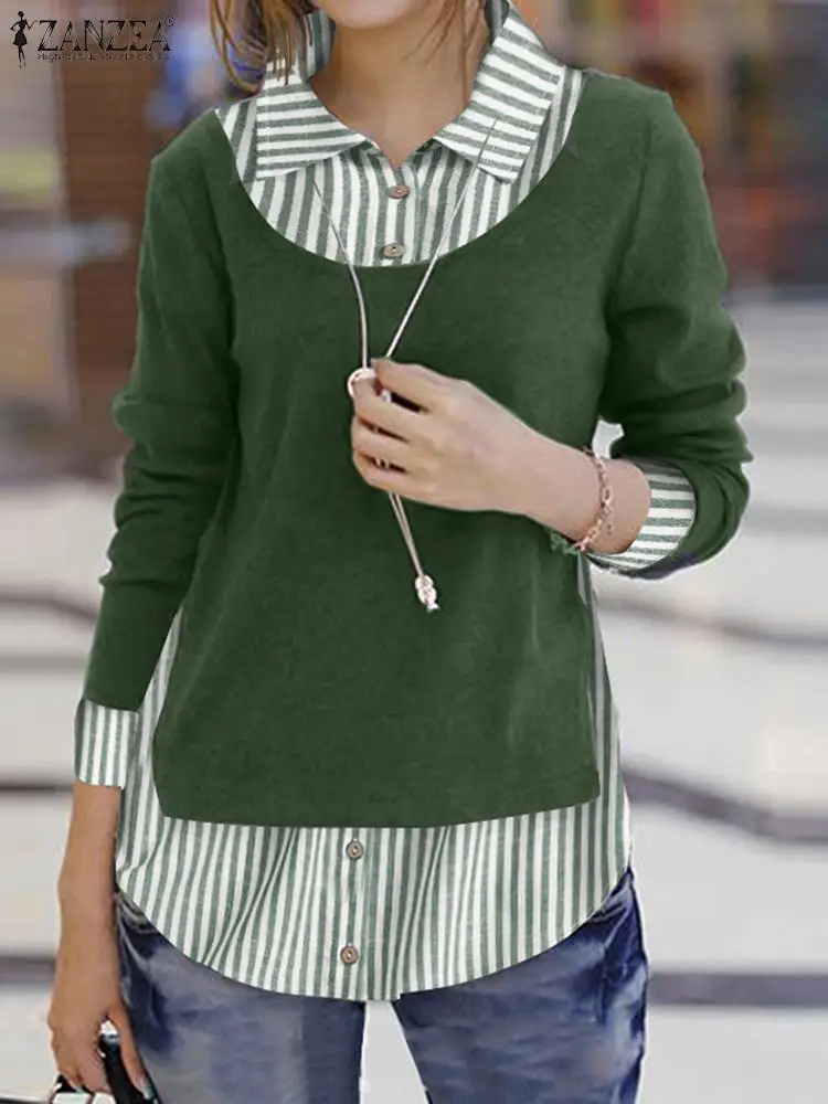 

Женская винтажная Повседневная Блузка ZANZEA из двух частей В Полоску Пэчворк с отворотом воротником с длинным рукавом блузки богемная элегантная рубашка Mujer