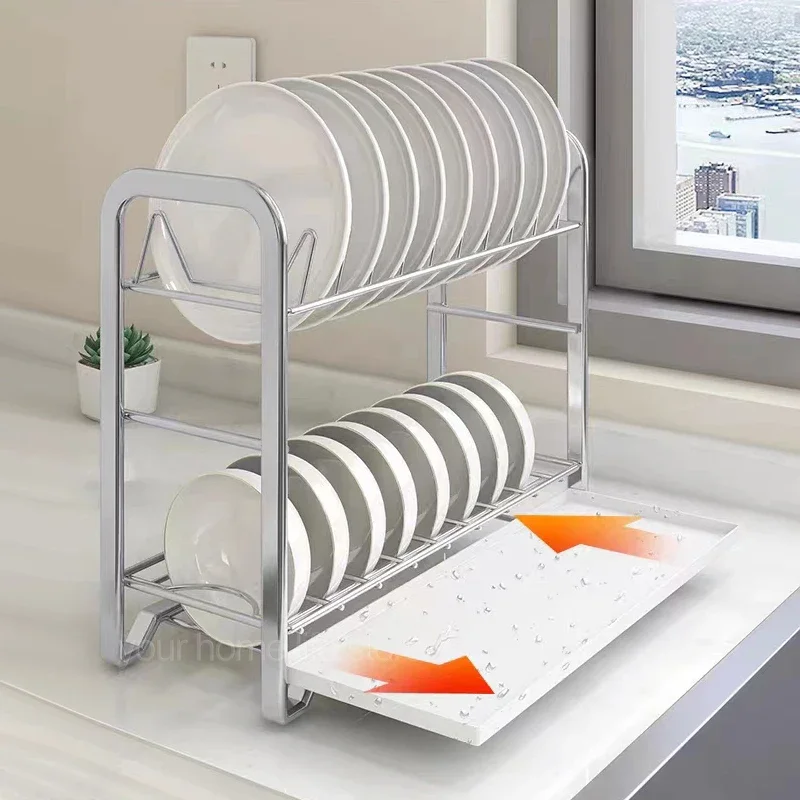 

Simple Houseware 2-Tier/ 1-Tier Dish Rack with Drainboard,Dish Drying Rack for Kitchen Counter,Rust-Resistant,Utensil Holder 304
