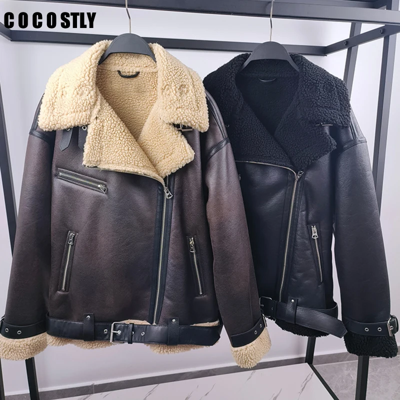 

Cocostly 2023 Winter Women Faux Leather Lambswool Lapel Zip Motorcycle Jacket Female Oversized Casual Thick Warm Pu Coat Outwear