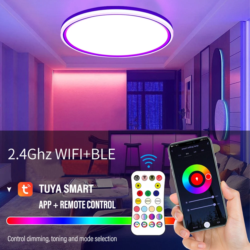 

24W Smart Tuya Wifi LED Ceiling Light RGBCW Dimmable Ultrathin Surface Mount Home Living Room Bedroom Decoration Ceiling Lamp