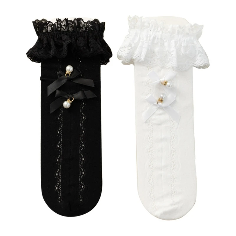 

Lovely baby Lace In Tube Socks with Bowknot Decoration, Stylish Lace Trim Length Stockings for Girls Aged 3-10T