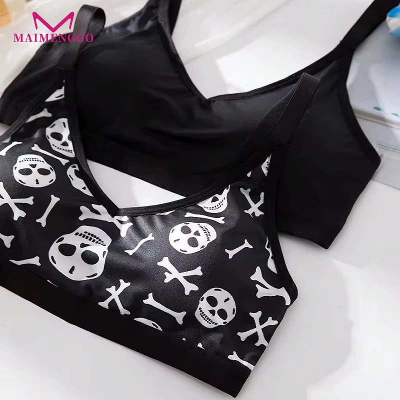 Skull Print Cotton Women's Bra Black Underwear, Sexy Seamless Comfortable Underwear Daily/Party Wear Without Steel Ring Bra 1