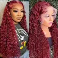 Cheveux bouclés ondulés profonds de 36 pouces # Perruques en cheveux humains brésiliens 99J, perruque frontale en dentelle transparente 13x4 couleur vin rouge, perruque frontale en dentelle HD 13x6 5