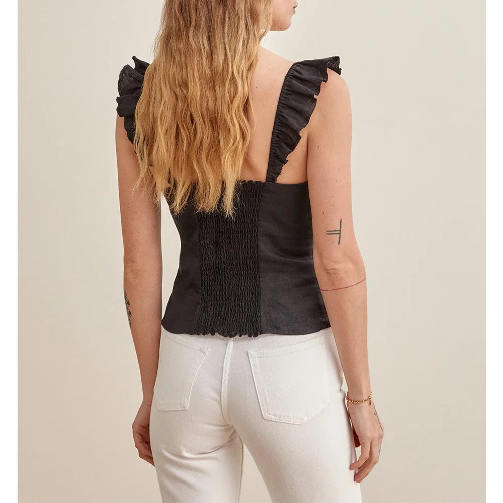 

Crop Tops Women 2022 Fashion Ruffle Strap Sleeveless Imitation Hemp Summer Camisole Back Shirred Slim Fitted Black Sexy Cami Top