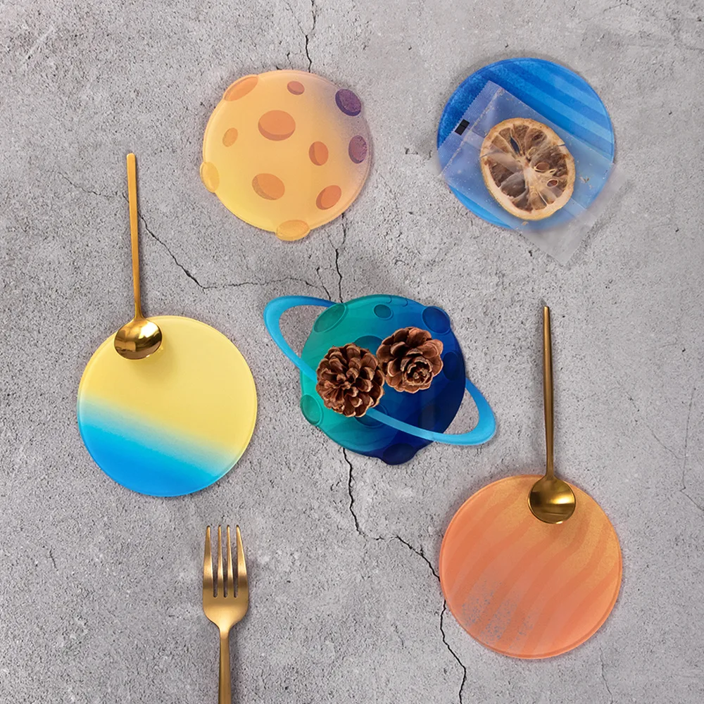 

Ins Creative Acrylic Coasters Cartoon Cute Placemats Universe Planet Teacup Insulation MATS Home Decor