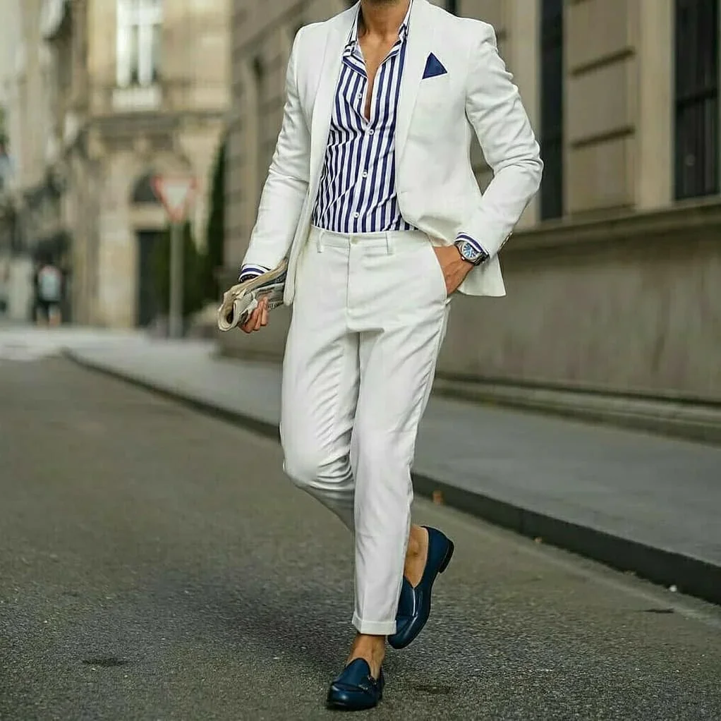 Fashion White Casual Suits Groom Tuxedo Slim Fit Prom Blazer Hombre High Street High Quality Custom 2 Piece Set Costume Homme