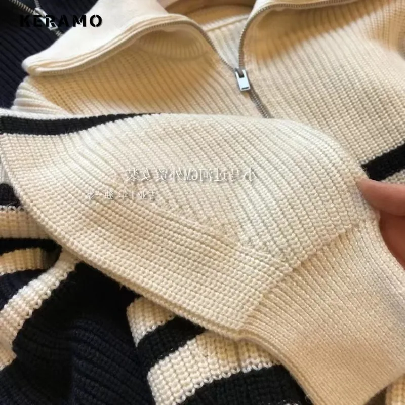 2023 Autumn Casual Knitting Long Sleeve Zipper Pullovers Winter Women Vintage Loose Fit Striped Print Knitwear Sweater Top