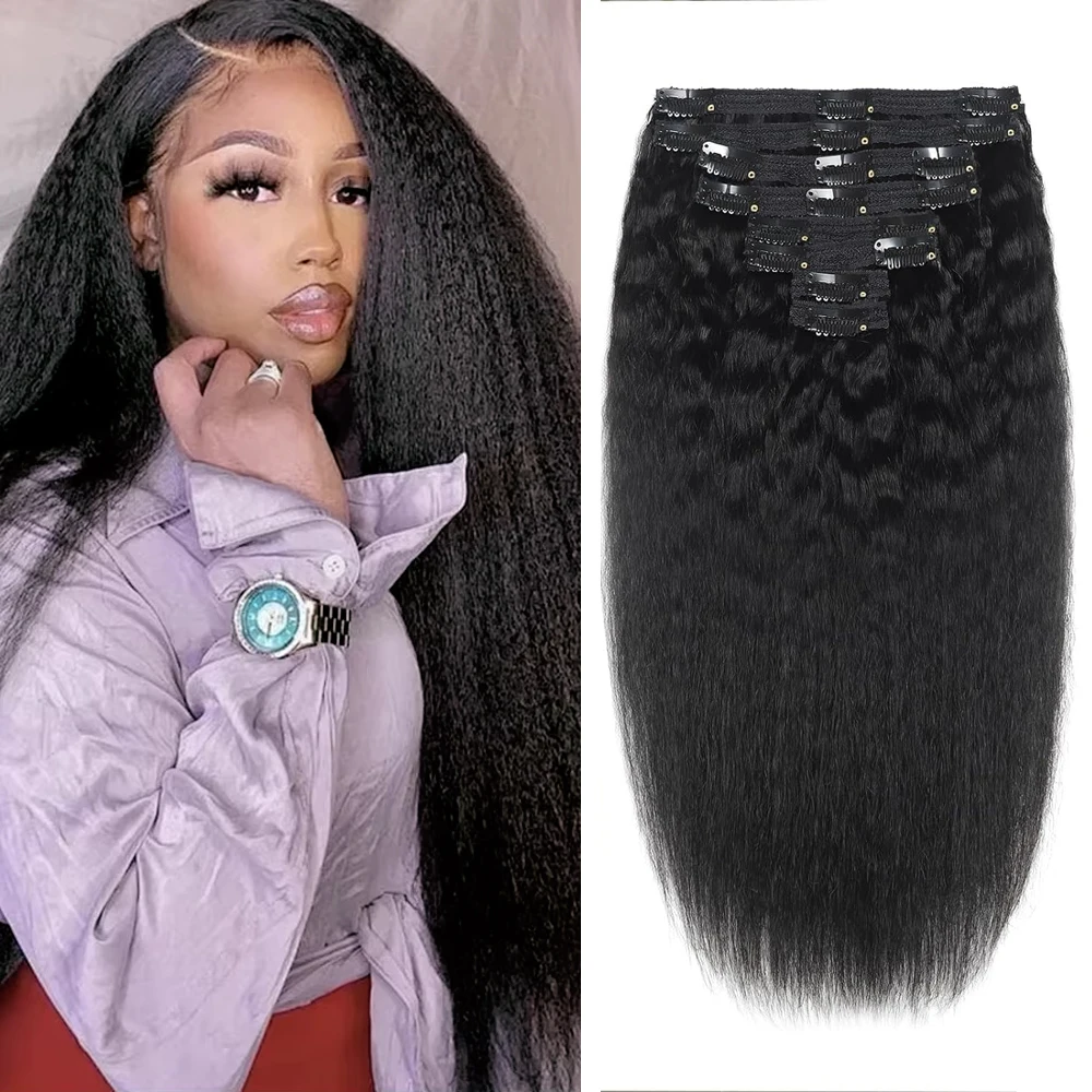 Kinky Straight Clip In Hair Extension 120g/Set 100% Human Hair Seamless Invisible Full Head Yaki Straight Clip ins Natural Black