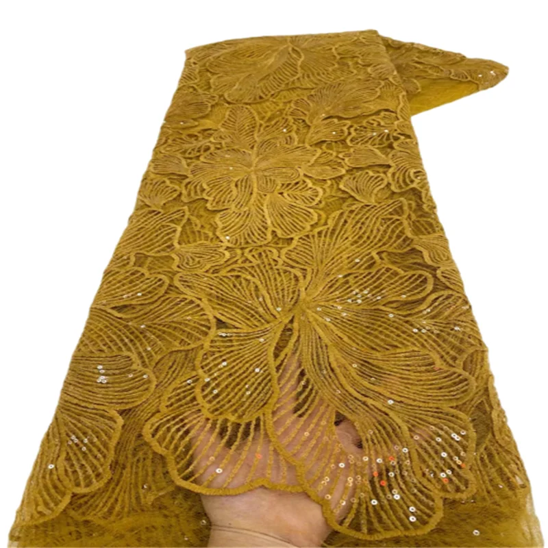 

Turmeric Color French Tulle Lace Fabric 2023 High Quality Embroidered African Net Laces Nigerian Fabrics With Sequins X99-3