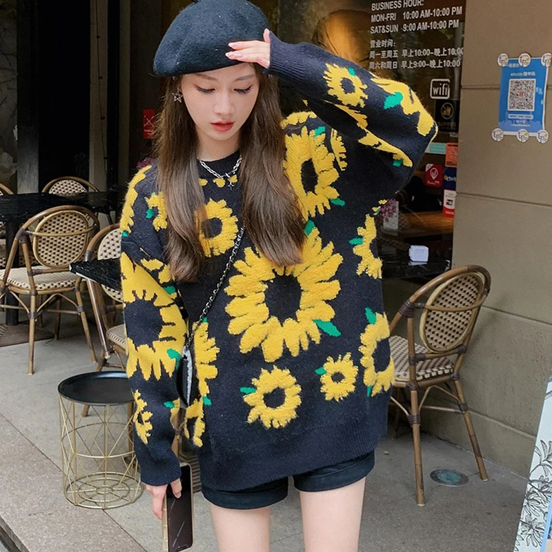

Sunflower Sweet Black Loose Korean Style Harajuku Spring Autumn Winter Knitted Vintage Pullover Fashion Women'S Sweaters 2022