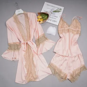 Image for Three Piece Lace Pajama Set Summer Satin Nightwear 