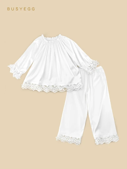 Solid color white Lace Children's Real Silk Pajamas Child Girls Set Summer Natural Silk Pajamas Clothing For Girls Kids Homewear 6
