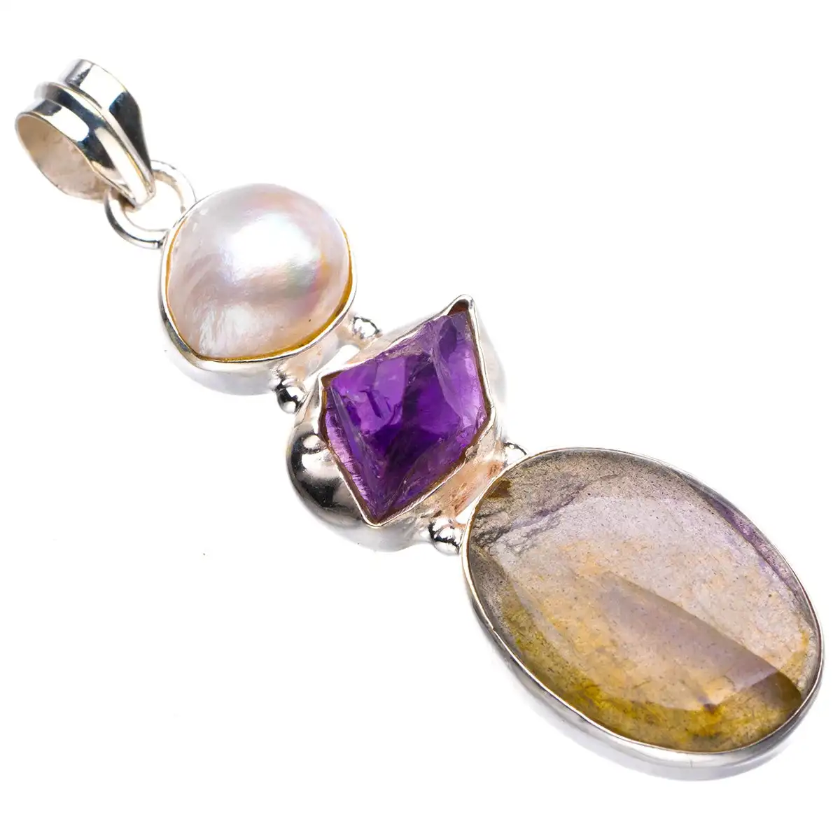 

StarGems Blue Fire Labradorite,Biwa Pearl And Amethyst Rough Handmade 925 Sterling Silver Pendant 2.25" D5628